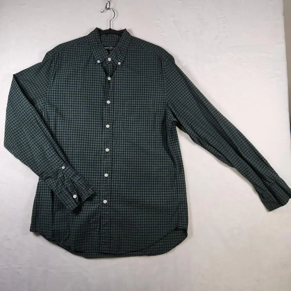J Crew Mercantile Flex Shirt M Green Blue Gingham Button Down Long Sleeve Casual